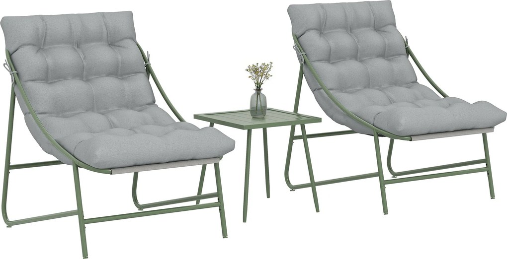 Outsunny 3 részes kerti bistro szett párnákkal — 2 lounge fotel és kisasztal, porszórt acélváz, világosszürke | Aosom