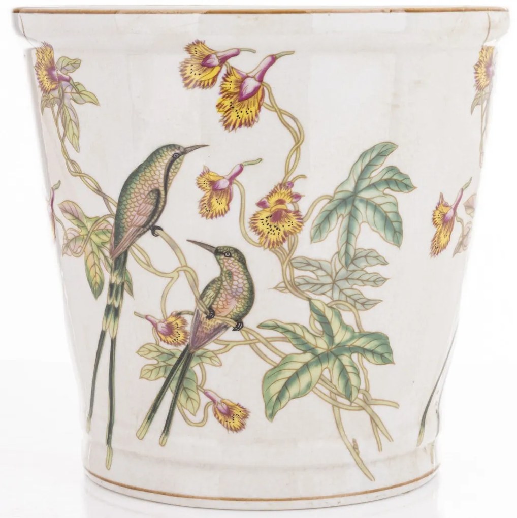 Törtfehér vintage szögletes porcelán 3db-os virágtartó kaspó szett kolibrikkel festve 12x13,5x13,5 / 17,5x16x16 / 21x23x23cm