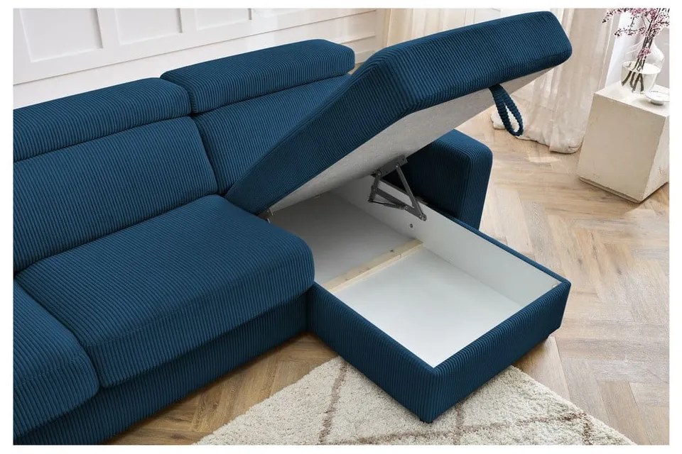 Sötétkék kordbársony kinyitható sarokkanapé (variálható) Monaco – Bobochic Paris