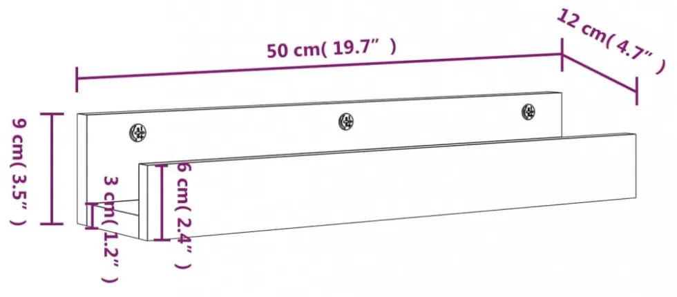 2 db fekete tömör fenyőfa falipolc 50 x 12 x 9 cm
