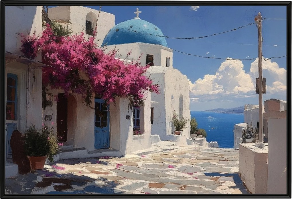 Poszter Keret Alumínium Tájkép Város Görögország Cikládák Utca Tenger 60x40