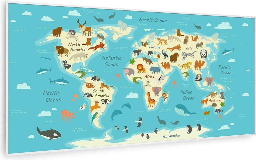 Klarstein Wonderwall Air Art Smart, infravörös hősugárzó, 120 x 60 cm, 700 W, térkép állatokkal