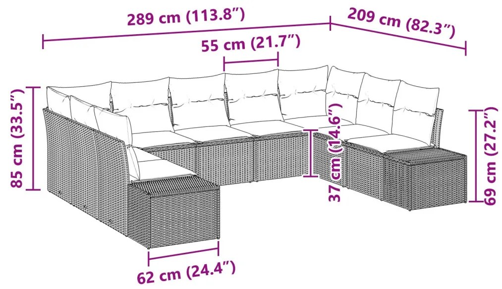 Kerti Kanapészett 9 darabos Szürke Rattan Kerti kanapé