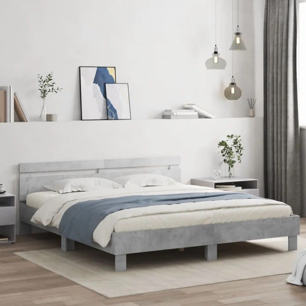 betonszürke ágykeret fejtámlával és LED-del 200 x 200 cm