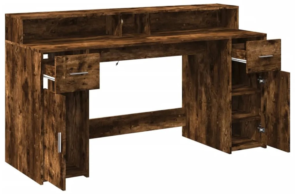 füstös tölgy színű szerelt fa íróasztal LED-ekkel 160x55x91 cm