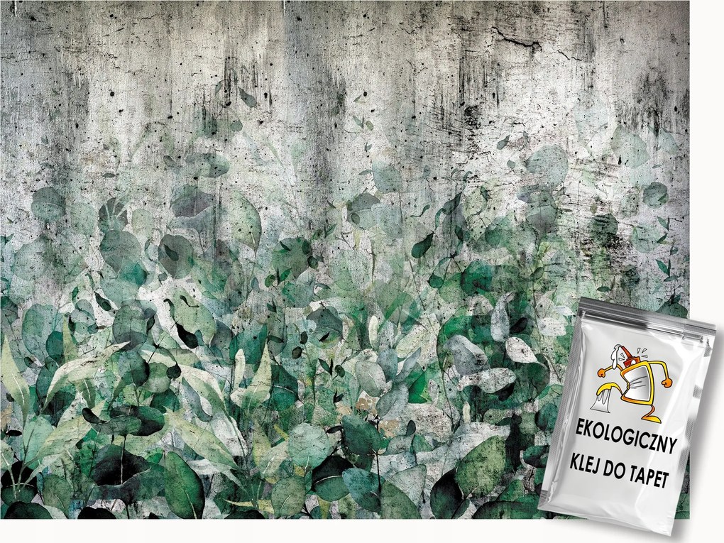 Fotótapéta Flizelina Fal Szürke Beton Zöld Növények Levelek 200x140 ragasztó