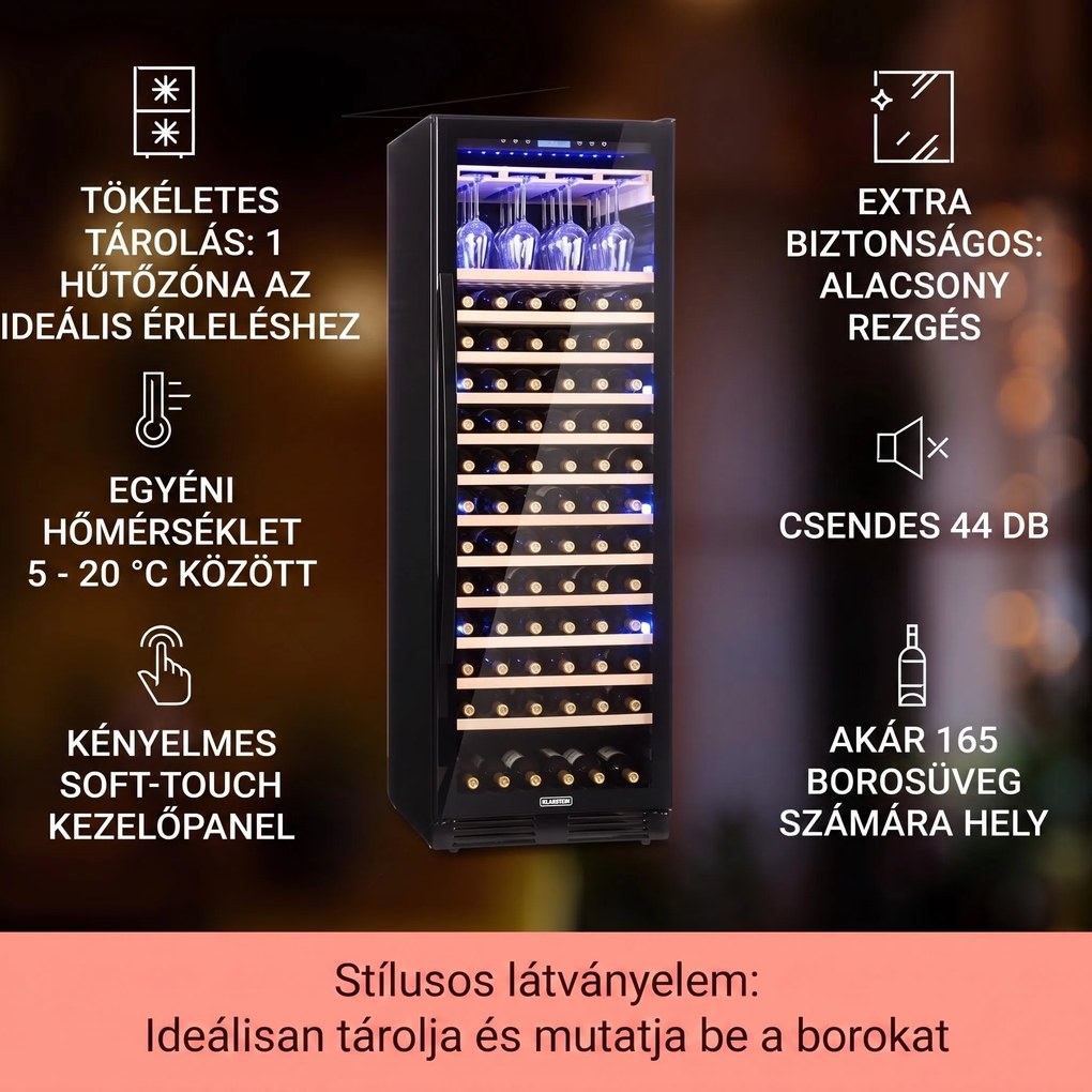 Klarstein Vinovilla Onyx Grande, nagy kapacitású borhűtő, 433 liter, 165 palack, fekete