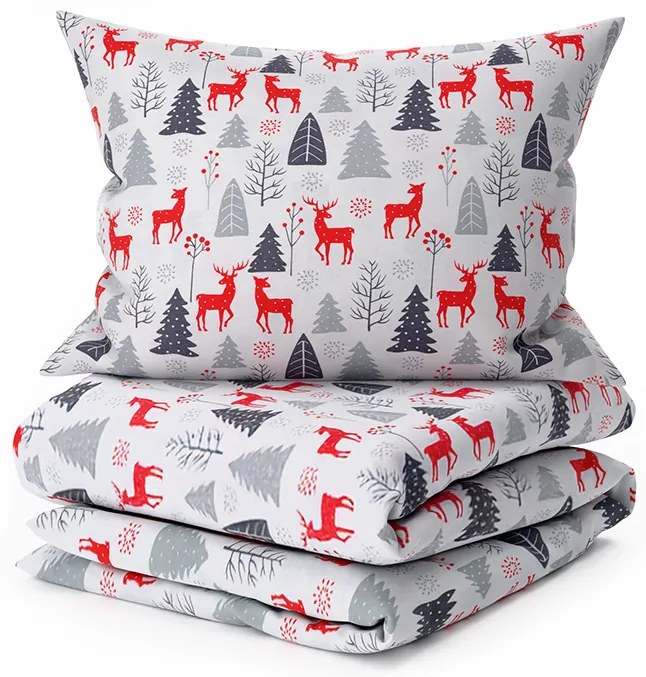 Flanel ágynemű RED DEERS AND TREES fehér Ágyneműhuzat mérete: 2 db 70 x 90 cm | 200 x 220 cm