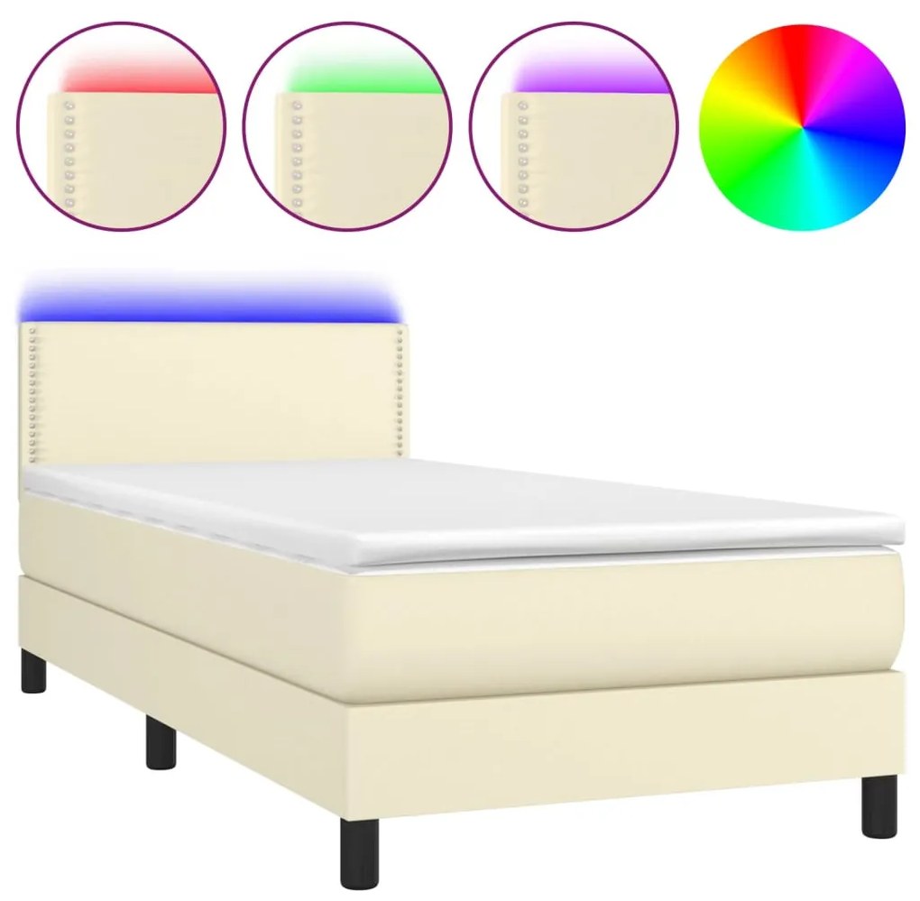 krémszínű műbőr rugós ágy matraccal és LED-del 100x200 cm
