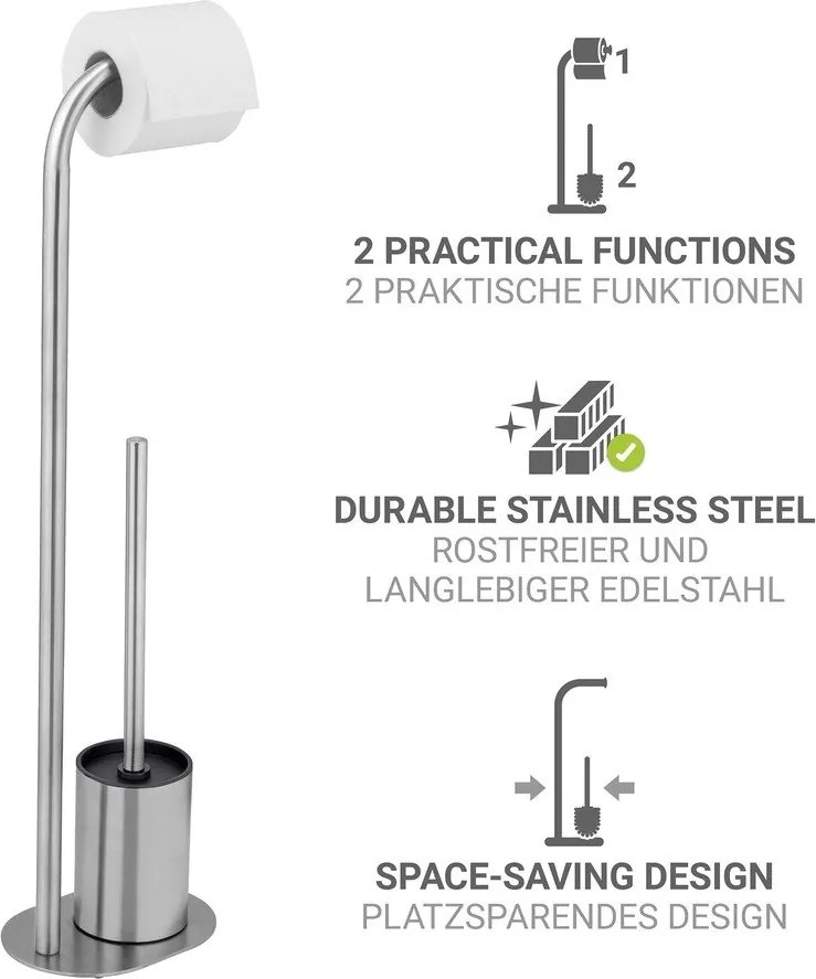 Matt ezüstszínű rozsdamentes acél WC-papír tartó állvány WC-kefével Levante – Wenko