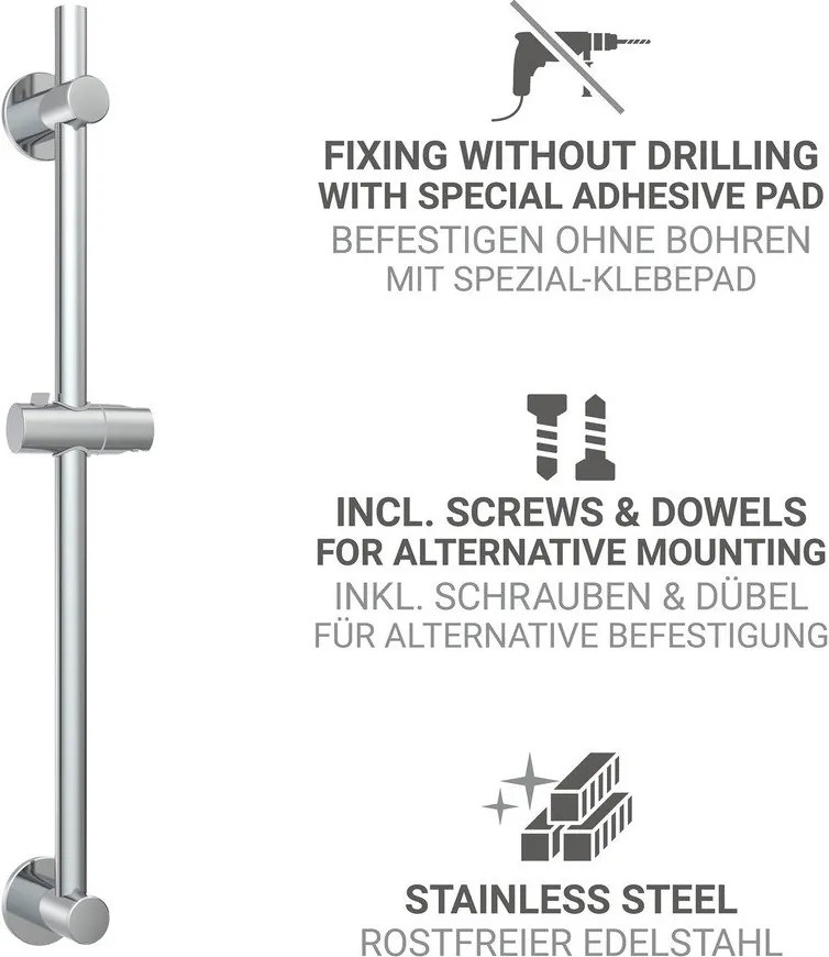 Fényes ezüstszínű öntapadós rozsdamentes acél zuhanytartó tolható tartóval 70 cm – Wenko
