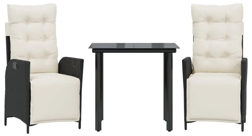 3 részes fekete polyrattan kerti étkezőgarnitúra párnákkal