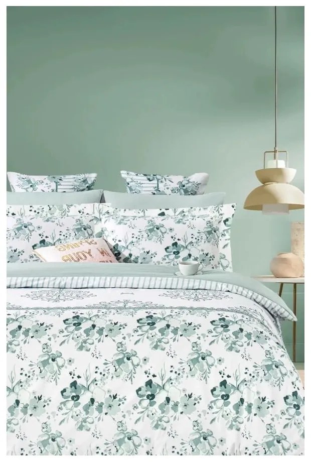 Fehér-zöld kétszemélyes hosszabbított négyrészes renforcé pamut ágyneműhuzat lepedővel 200x220 cm – Mila Home