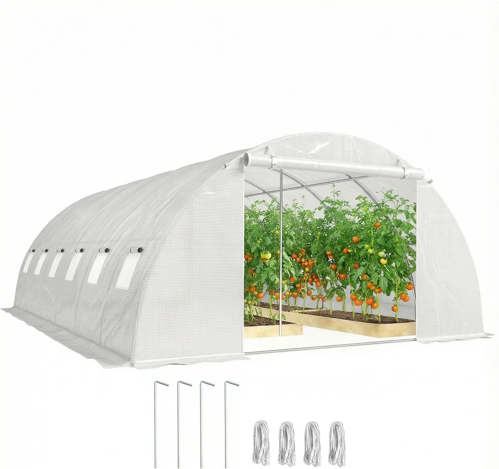 Outsunny kültéri alagút üvegház, 6 x 4 x 2 m – horganyzott acélkeret, vízálló, UV-álló PE takaró, felhajtható ajtók és hálós ablakok, fehér | Aosom