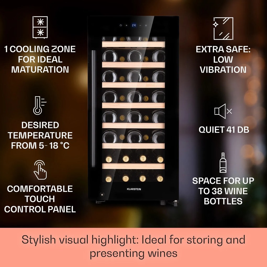 Klarstein Barossa 38 Uno, borhűtő, 94 liter, 38 palack, 1 zóna, érintőképernyő