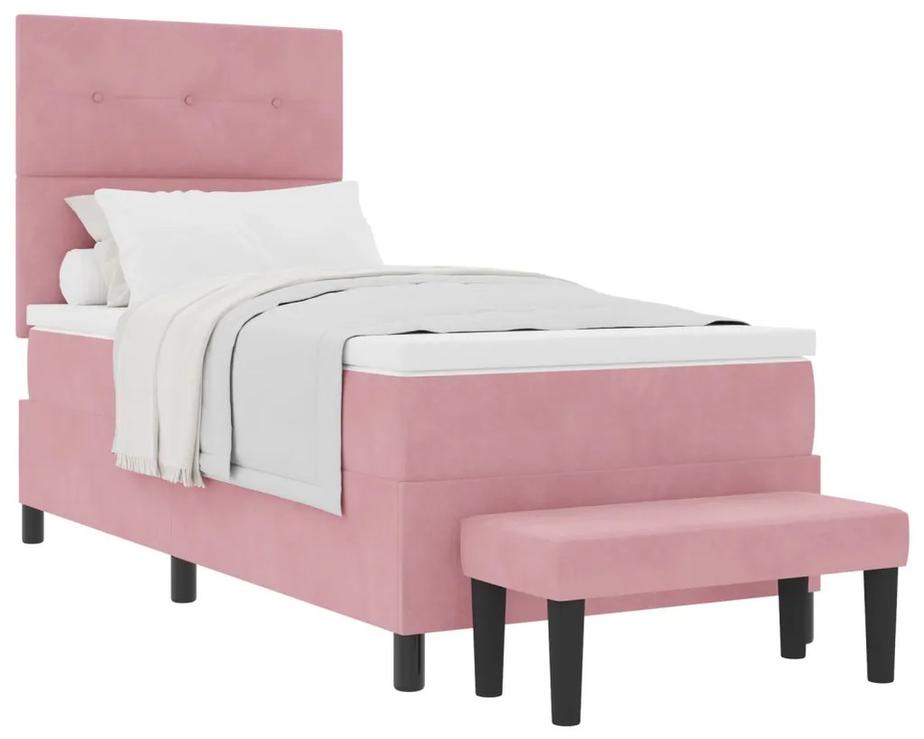 Box spring ágy matraccal és pad rózsaszín 90x190 cm velúr