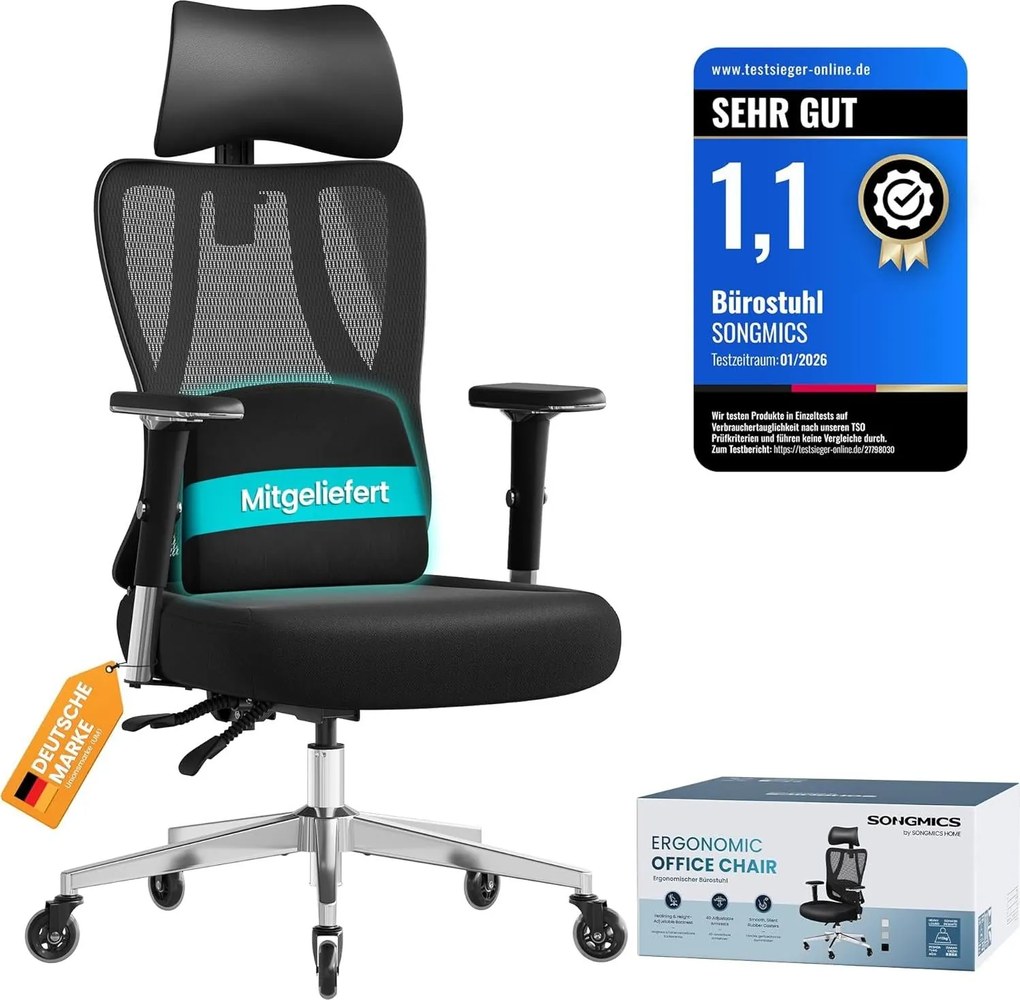 SONGMICS ergonomikus irodai szék állítható derék- és fejtámlával, max. 150 kg terhelhetőség, fekete