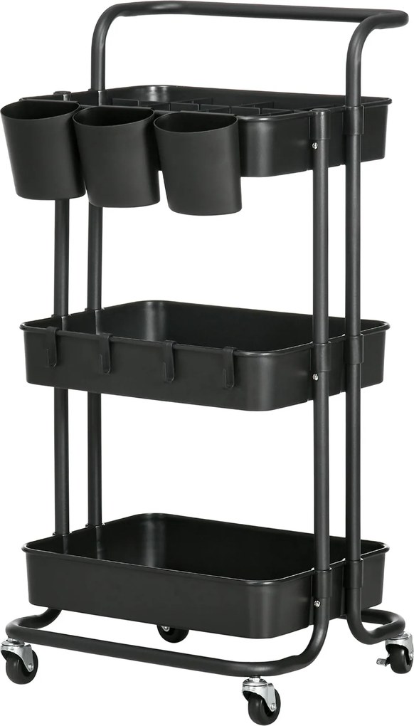 HOMCOM 3-rétegű Tálalókocsi Karral, Gurulós Konyhai Kocsi Akasztókkal és Tároló Kosarakkal, Többcélú Kocsi Konyhába, Irodába, Fürdőszobába, Fekete | A