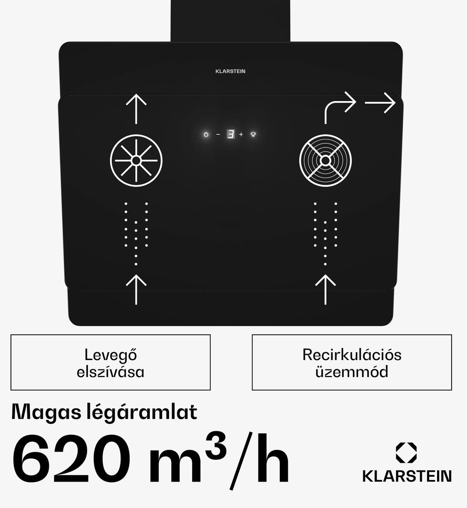 Klarstein Aurica 60, páraelszívó, 60 cm, 620 m³/ó, LED, érintőképernyős, üveg, fekete