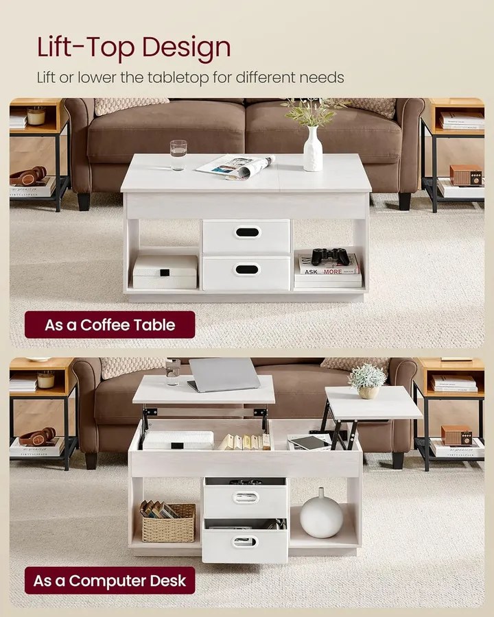 Dohányzóasztal, felemelhető asztallapos dohányzóasztal 2 fiókkal és rejtett rekesszel, bézs