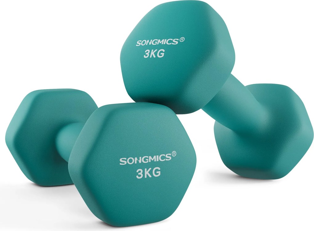 2 db-os neoprén hatszögletű súlyzókészlet, 2 x 3 kg, kékeszöld