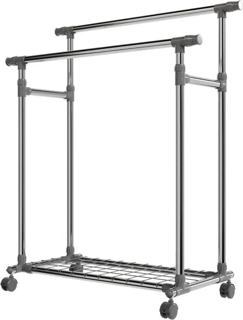 Fém ruhaállvány kerekeken 2 rúddal + polcokkal