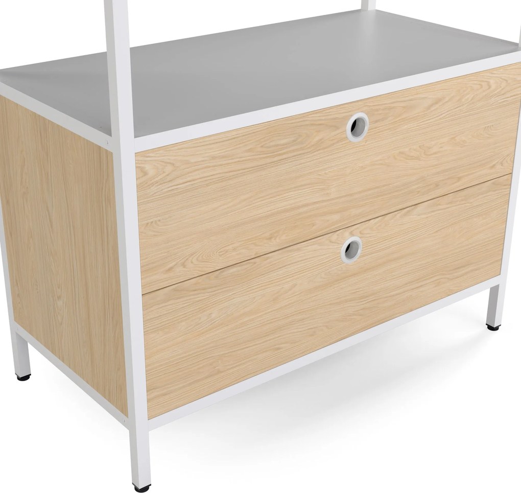 Polc fiókokkal irodába, iratrendezőkhöz és dokumentumokhoz, nyitott polcok, fém, fehér/sonoma tölgy, 800x2200x400 mm: ARIEL Eco Design