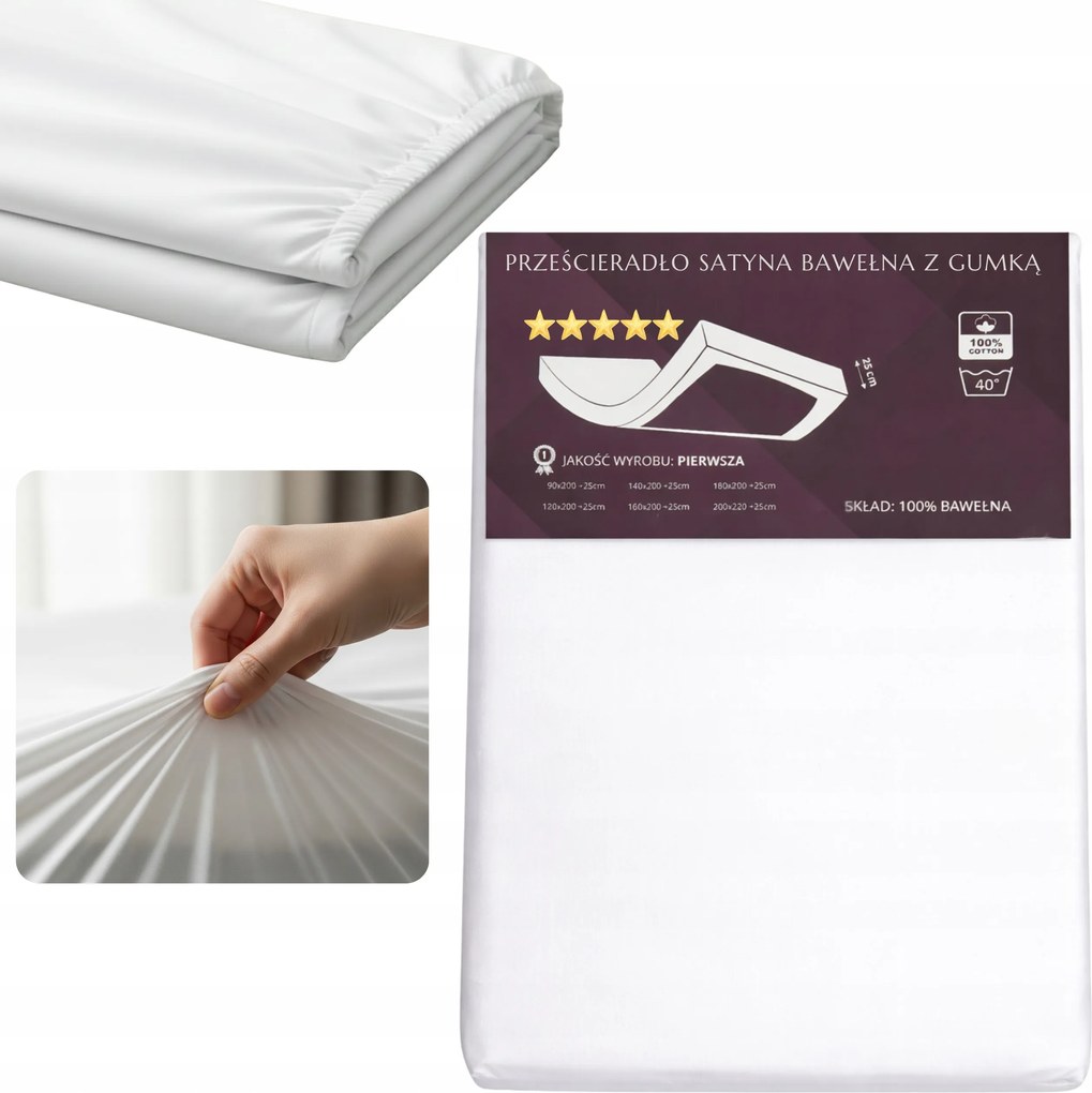 Pamut-szatén gumis lepedő 160x200cm 25cm Fehér Fény Puha