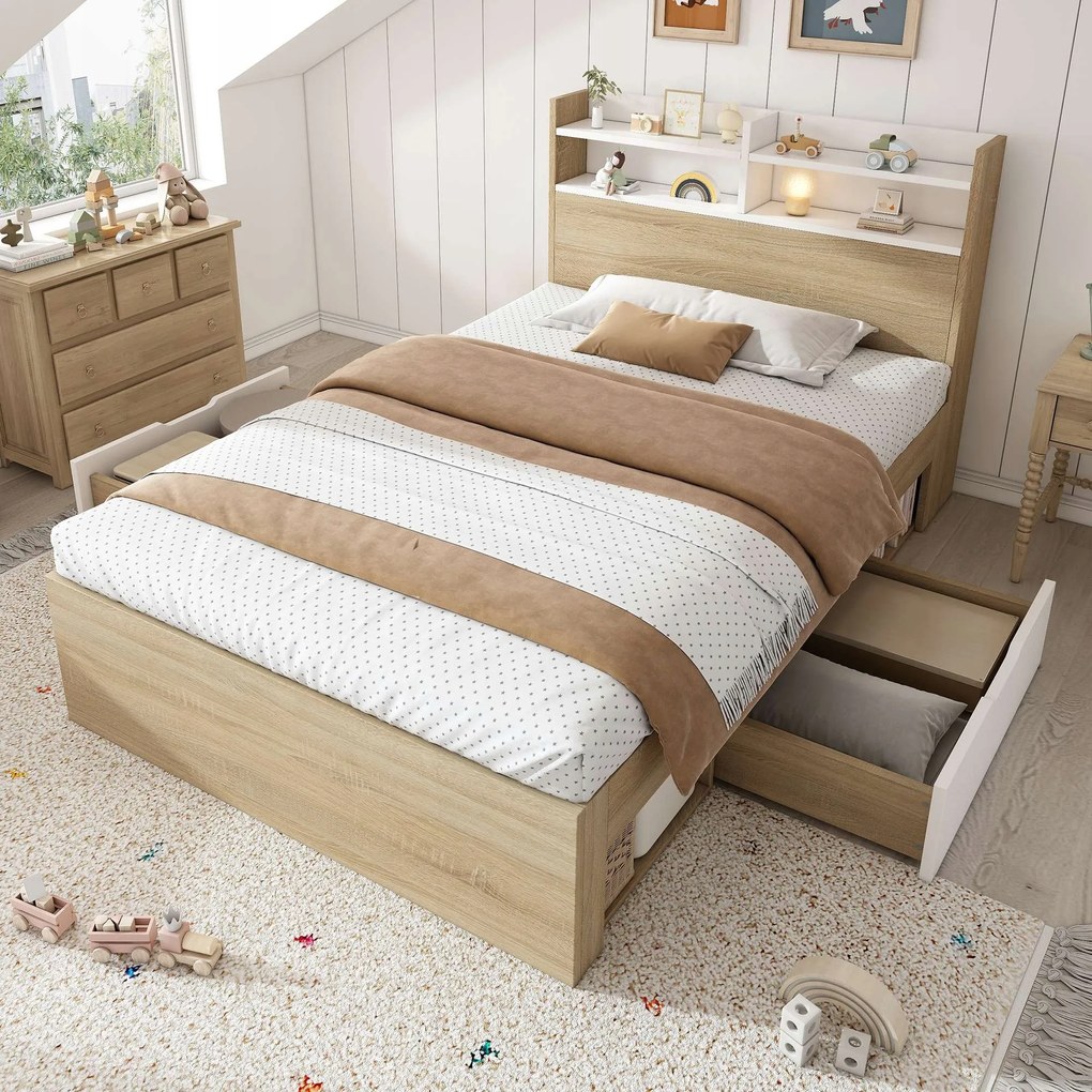 Kanapé alvás funkcióval Egyszemélyes ágy Polcok 2fiók 90x190cm tömör fa