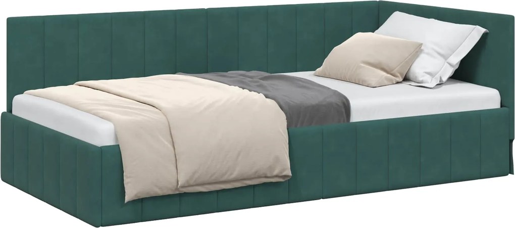 vidaXL Sarokágy keret fejtámlával Sötétzöld 90 cm x 190 cm Bársony