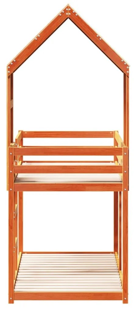viaszbarna tömör fenyőfa ágy emelettel és tetővel 75 x 190 cm