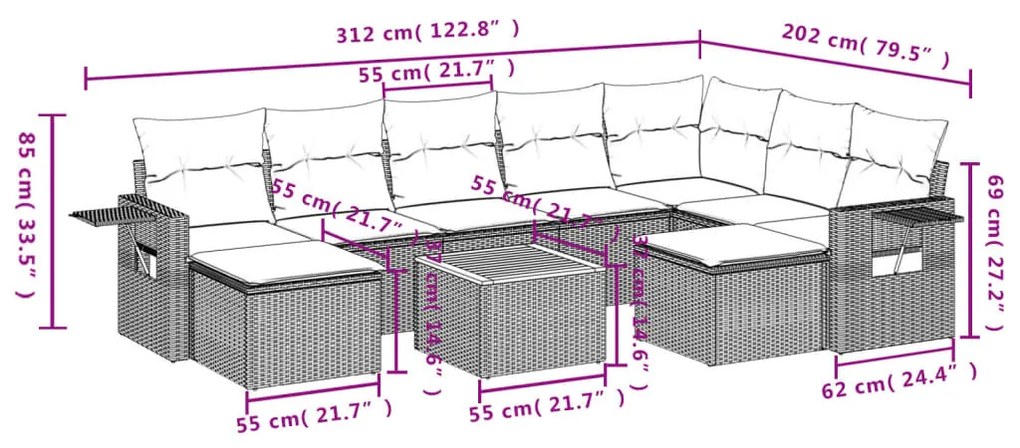 10 részes bézs polyrattan kerti ülőgarnitúra párnával