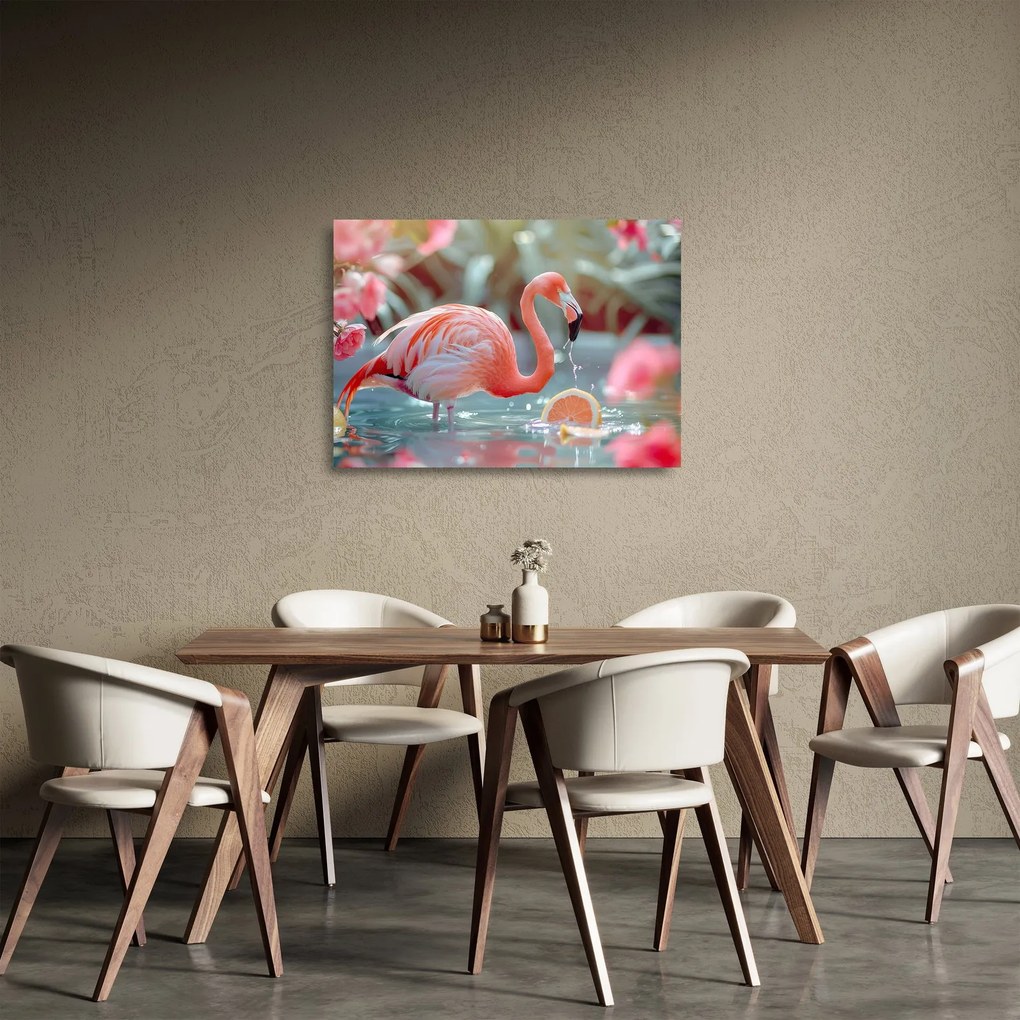 Üveg kép - Flamingó a tóban (70x50 cm)