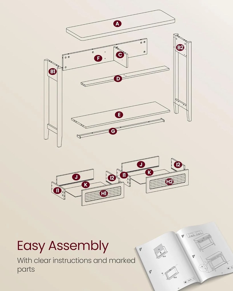 Konzol asztal 2 fiókkal, boho stílusú keskeny asztal, tölgy bézs