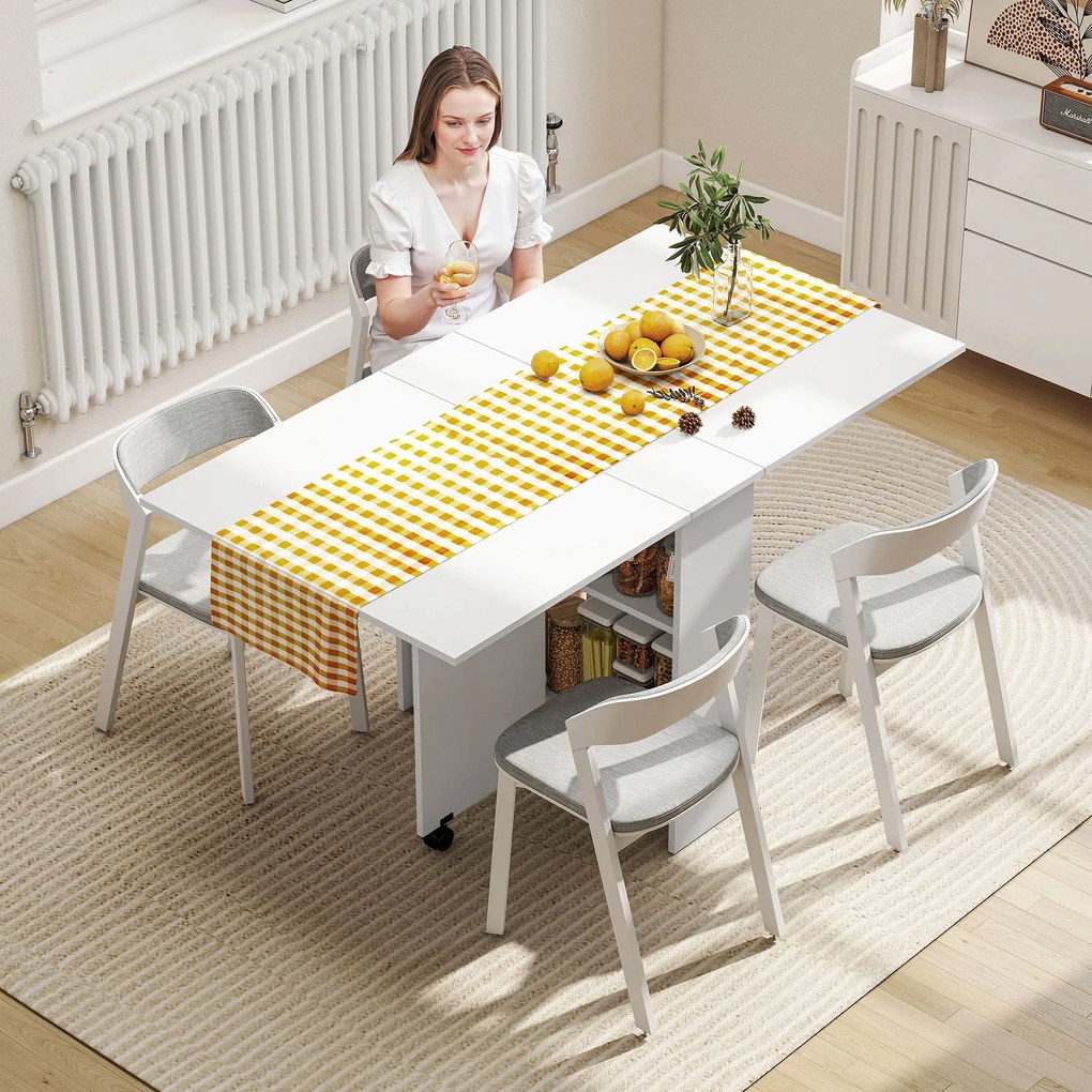 HOMCOM Összecsukható Étkezőasztal Konyhai Asztal Kerekekkel, Összecsukható Szárnyakkal és Polcokkal 4-6 Fő Részére 75x140x74 cm Fehér | Aosom