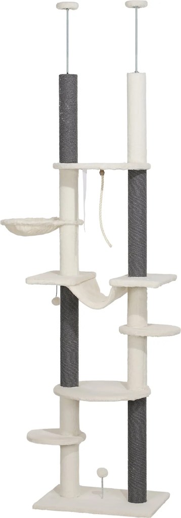 PawHut Mennyezeti Kapaszkodó Karfa, Macskafa, 225-255 cm Magasságú Karcoló, Fészkekkel, Kapaszkodó Posztokkal, Kosárral, Játékfallal, Macska Bútor Bil