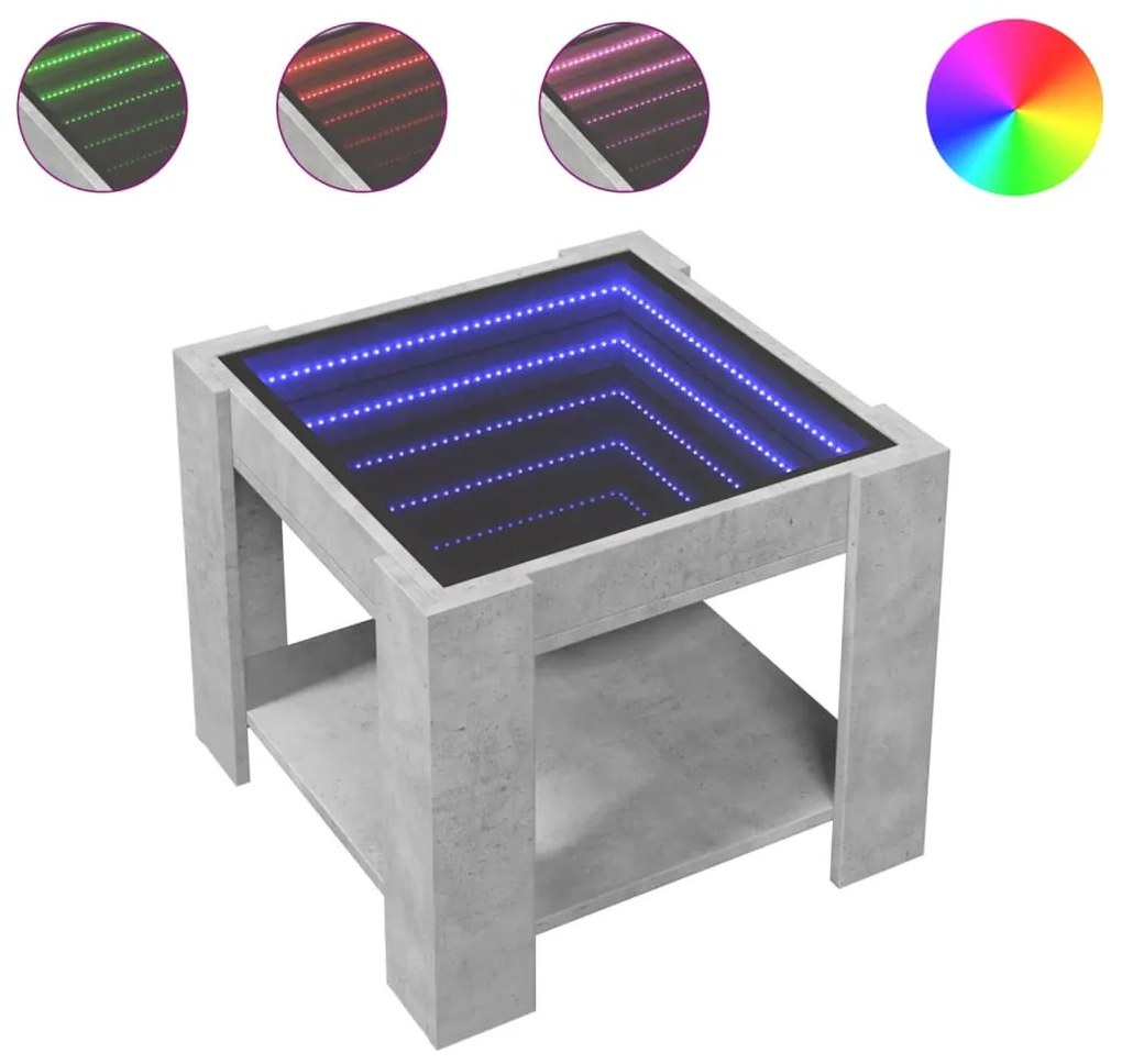 Betonszürke szerelt fa dohányzóasztal LED-del 53 x 53 x 45 cm