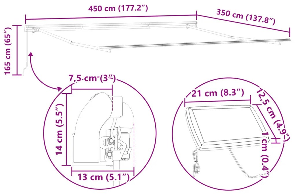 Manuális Behúzható Napellenző LED-del Fehér 450x350 cm