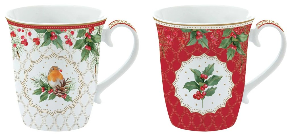 Karácsonyi porcelán bögre 2 db vörösbegy díszdobozban Christmas Berries