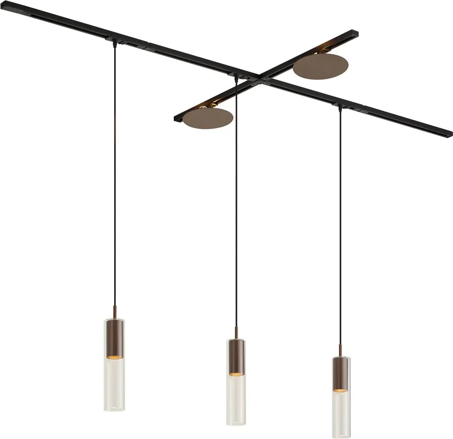 Modern fekete sínrendszer 3 függőlámpával és 2 bronz mennyezeti lámpával, 1 fázisú - Iconic Lloyd Pulley