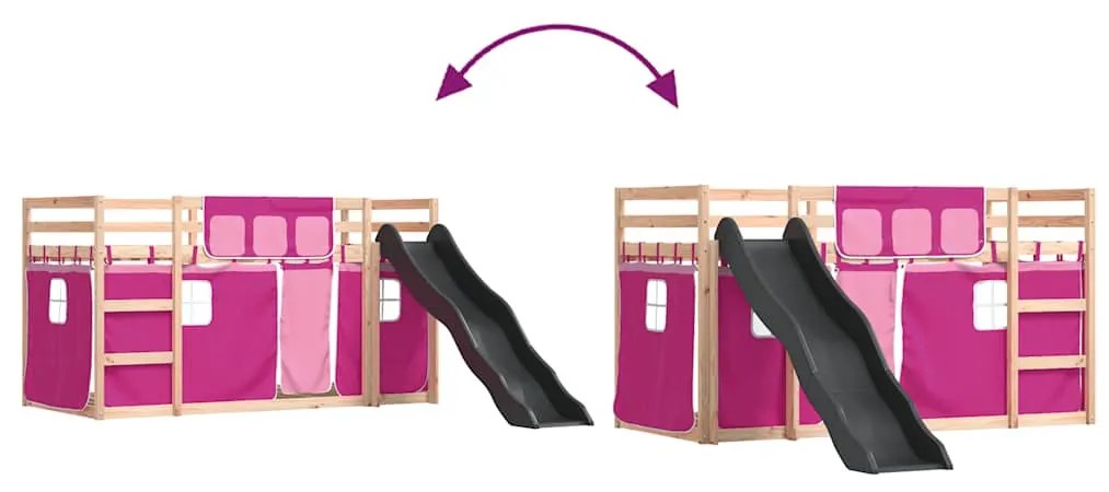 rózsaszín emeletes ágy csúszdával és függönnyel 80 x 200 cm