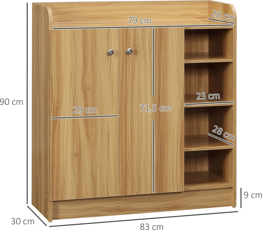 HOMCOM Cipőtároló Szekrény Előszobába - Cipőszekrény 4 Nyitott Rekesszel és Kétajtós Szekrénnyel - Állítható Polc - 83L x 30W x 90H cm - Barna | Aosom