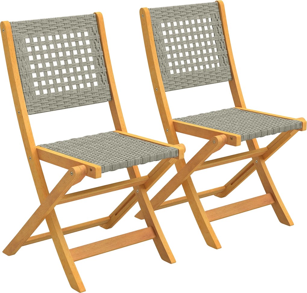 Outsunny 2 db összecsukható akác kerti szék — FSC akác, lélegző rattan ülés, szürke | Aosom