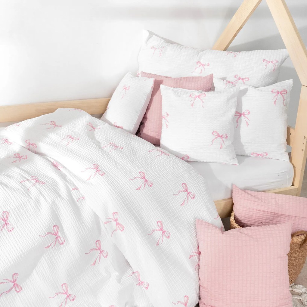 Goldea gyermek krepp ágyneműhuzat - rózsaszín masnik 140 x 200 és 70 x 90 cm