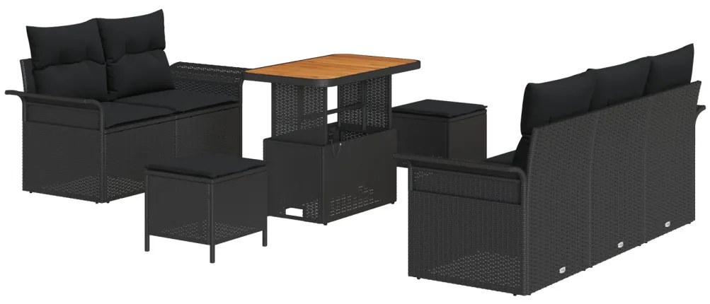 8 Darabos Kerti Kanapé Készlet Párnákkal Fekete Poli Rattan Akác, 2-Személyes Kerti Kanapé Párnákkal Fekete Poli Rattan, 3 Darabos Kerti Étkező Készlet Párnákkal Fekete Poli Rattan Akác