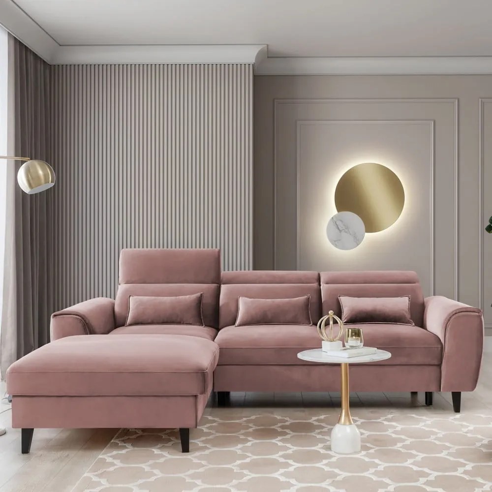 Rózsaszín bársony kinyitható-tárolóhelyes sarokkanapé (bal oldali-heverő résszel) Foble – ELTAP