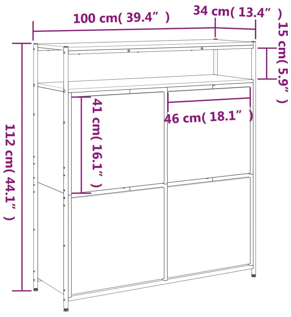 fekete cipőszekrény 4 kihajtható fiókkal 100 x 34 x 112 cm