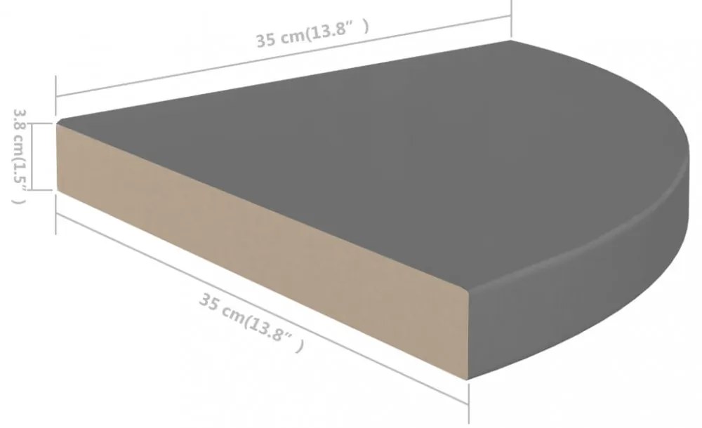 2 db magasfényű szürke MDF lebegő sarokpolc 35 x 35 x 3,8 cm