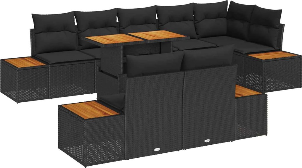 vidaXL Kerti Kanapé Szett tárolóval 9 pcs Fekete Poli rattan