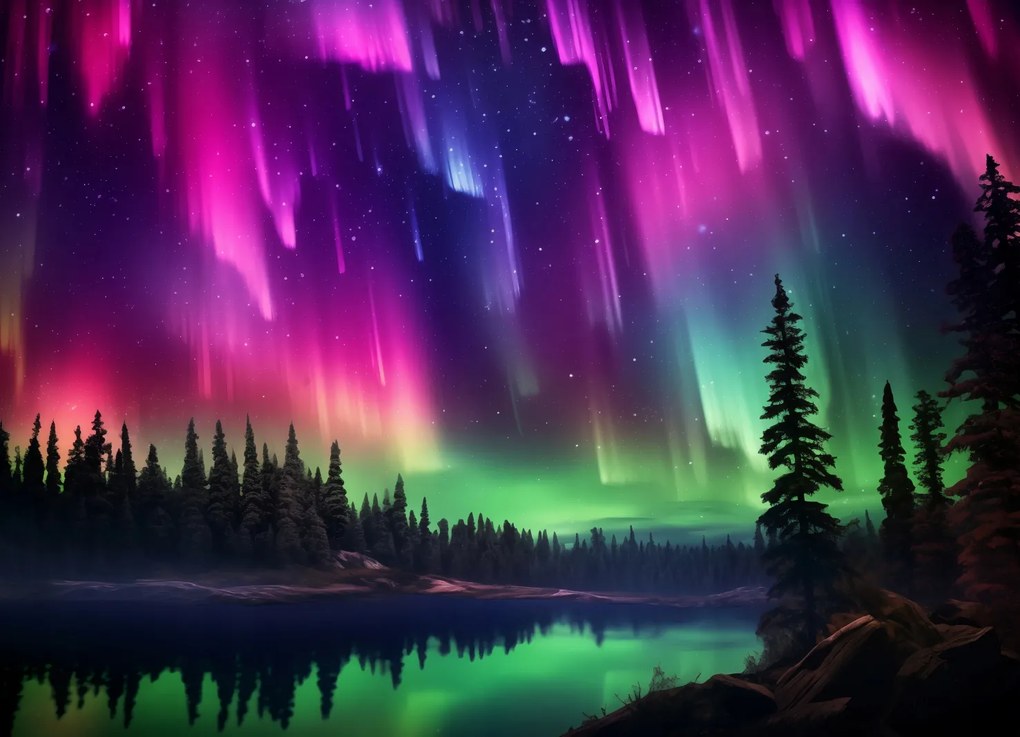 Poszter 18x13cm Északi fény az erdő felett